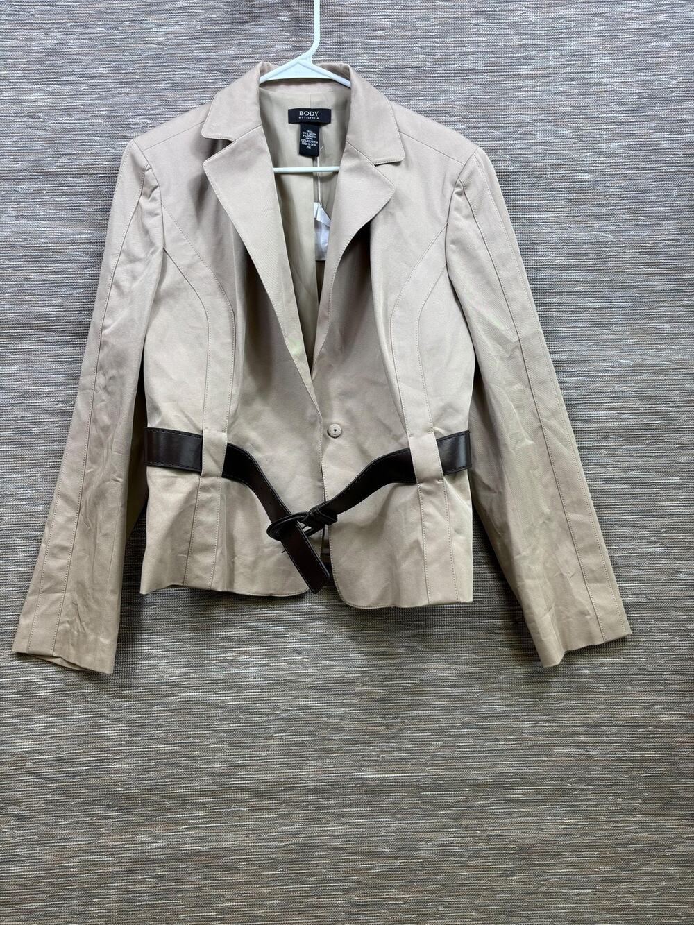 Body By Victoria Blazer Womens 16 Beige Belted One Button Stretch Lined Jacket